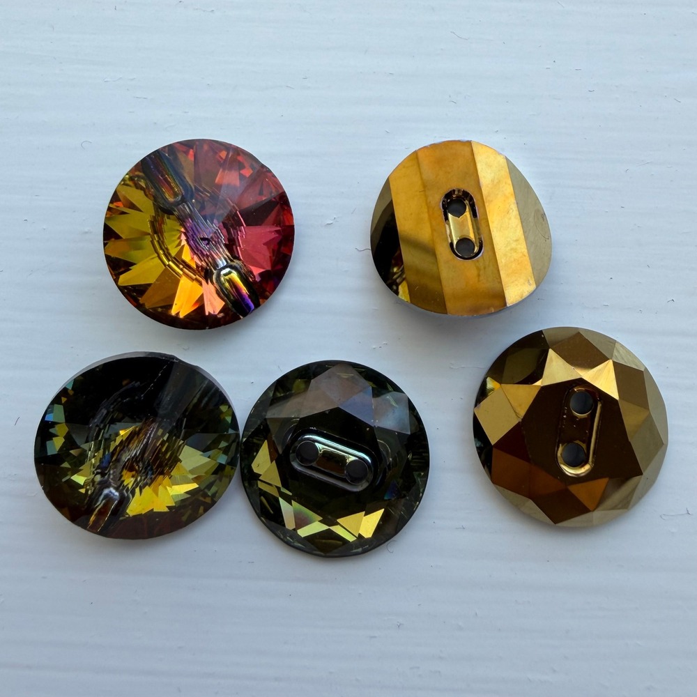 Swarovski Crystal Buttons 14mm Iridescent Gold Red Green 5pc Lot